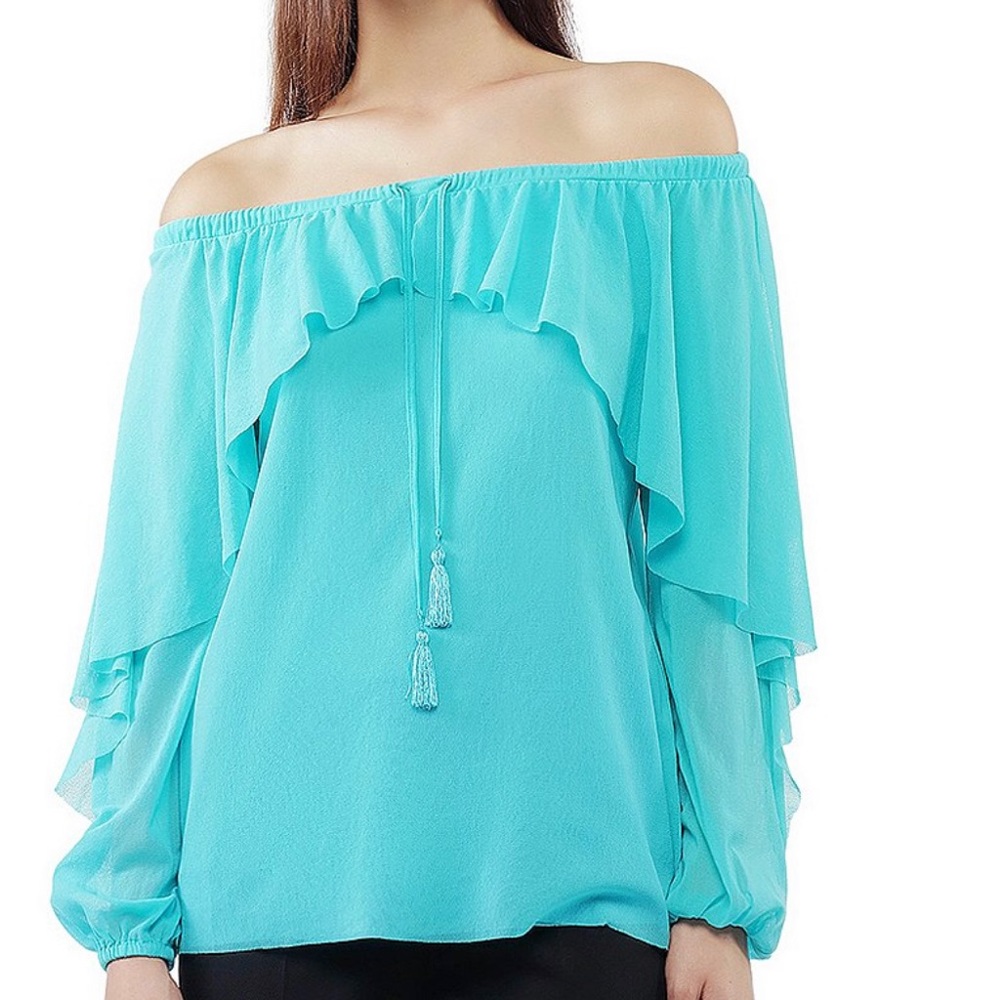 Fuzzi tulle mesh off the shoulder top.